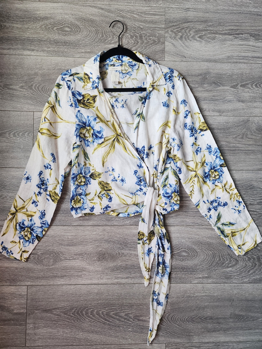White Linen Tie Wrap Blouse Blue & Green Florals Size Large